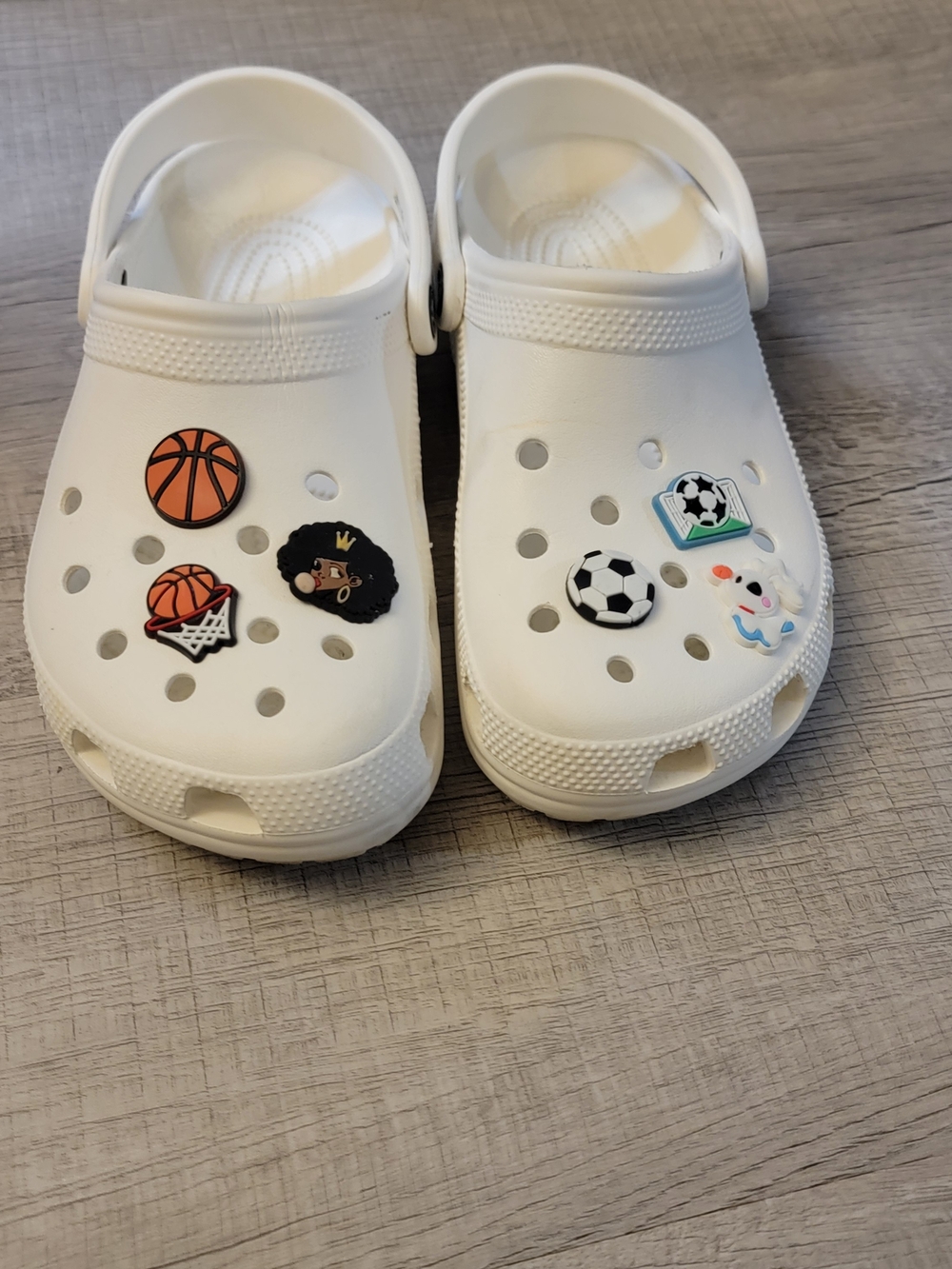 CROCS Women White Classic Clogs with Sports & Character Jibbitz